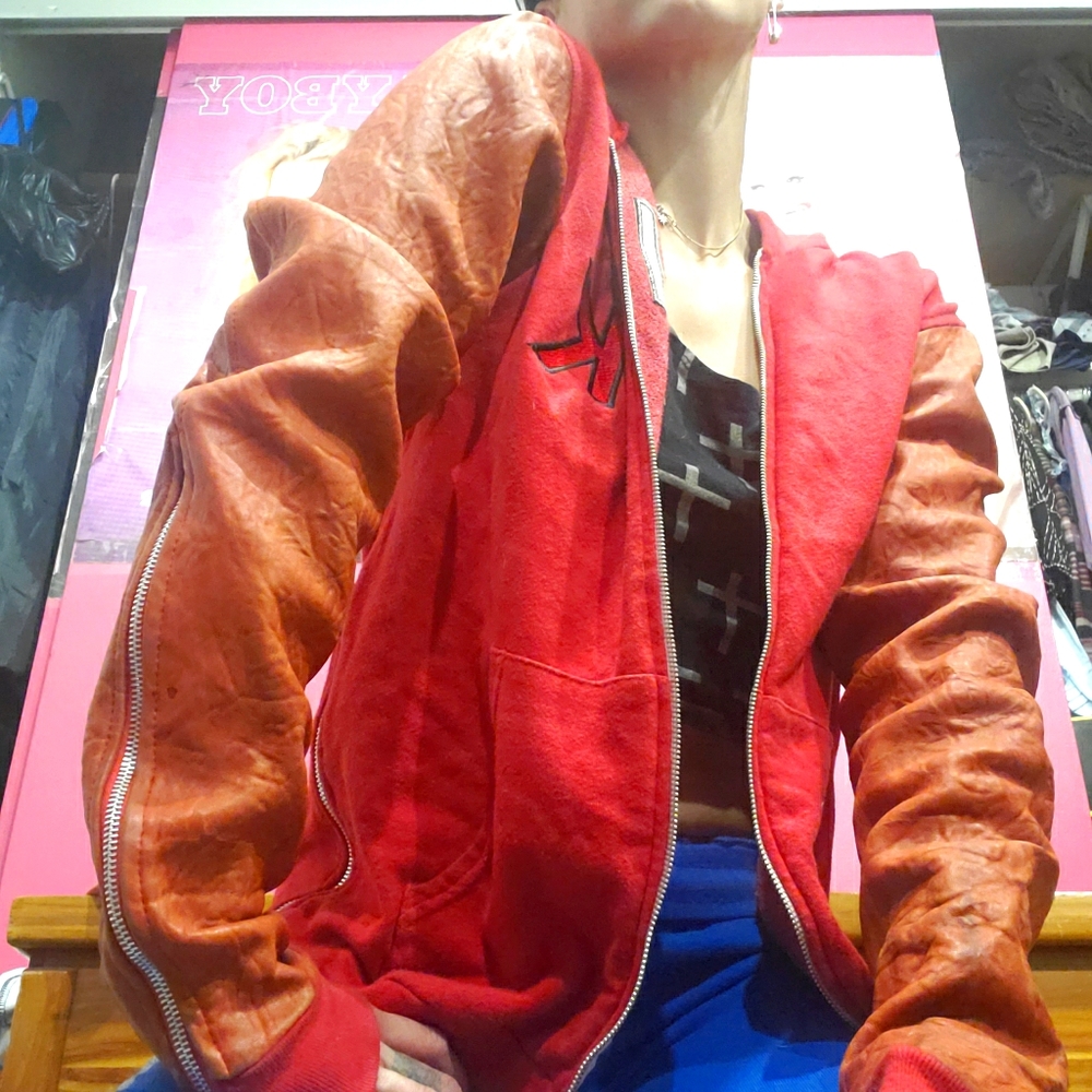 LAST KINGS Red Varsity Hoodie with Leather Sleeves